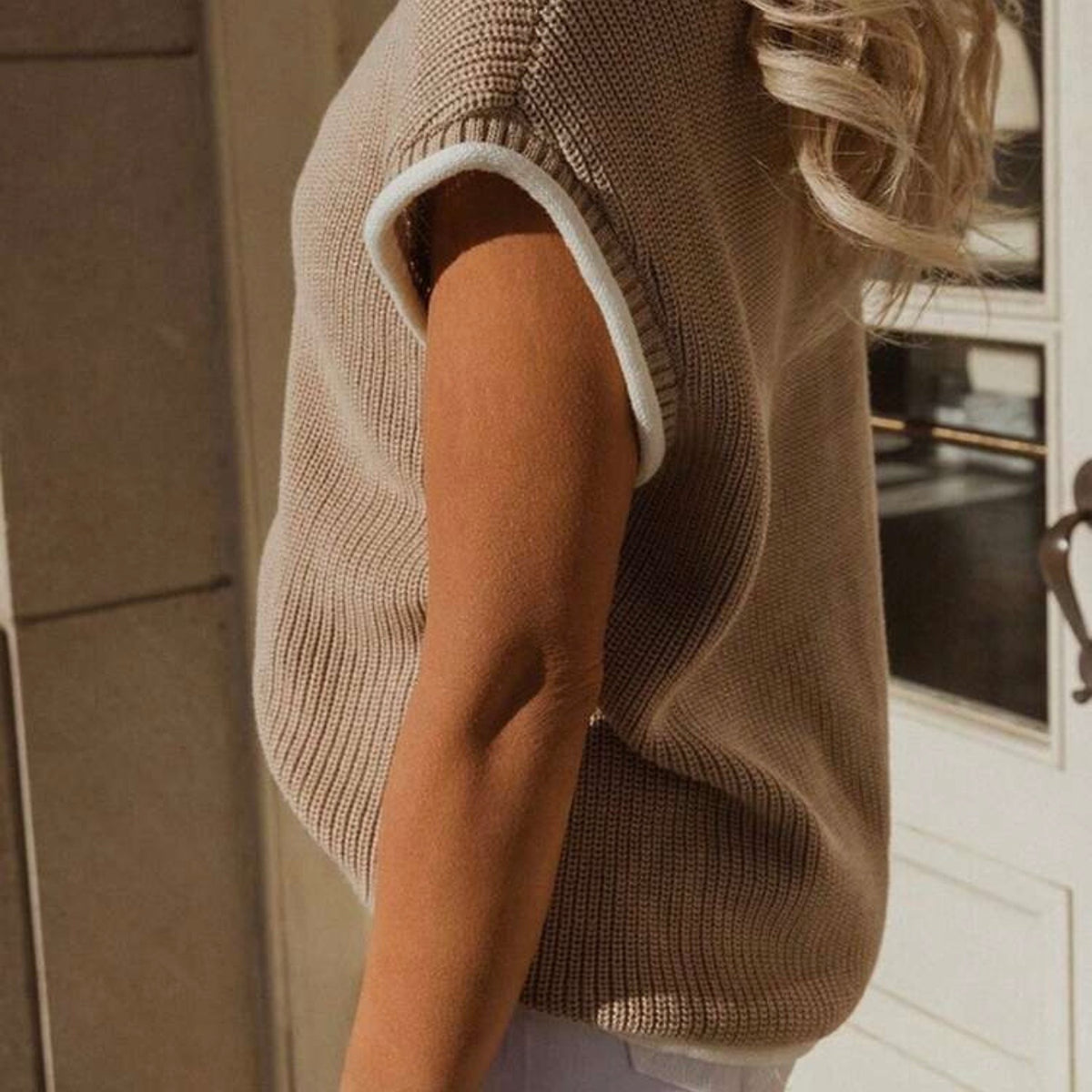 Oversized Knit Sweater Vest - Beige with White Trim - Relaxed Sleeveless Top