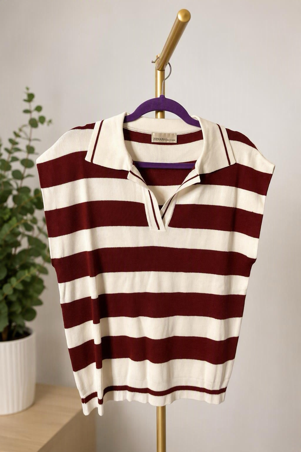 Zenana Burgundy Striped Sleeveless Polo Sweater