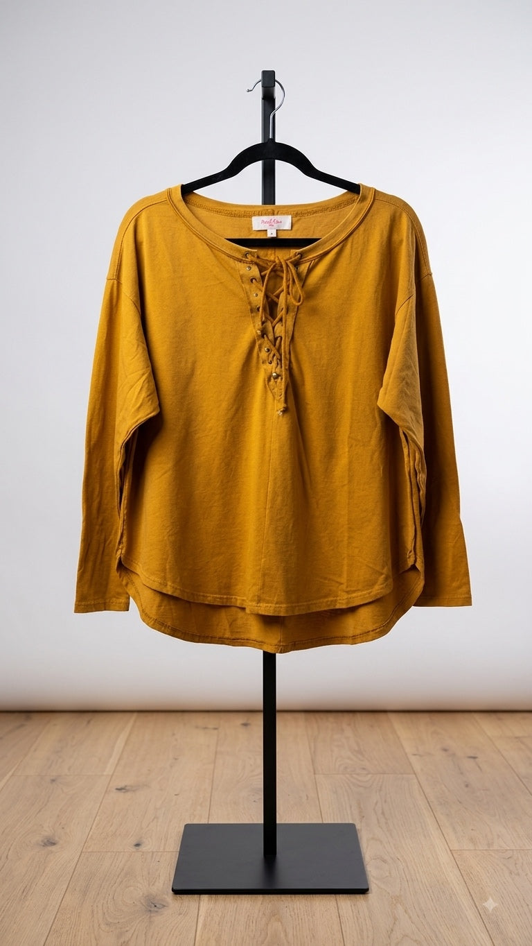 Mustard Lace-Up Henley Top