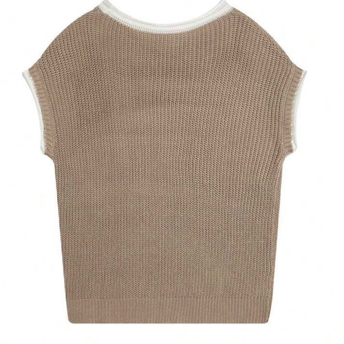 Oversized Knit Sweater Vest - Beige with White Trim - Relaxed Sleeveless Top