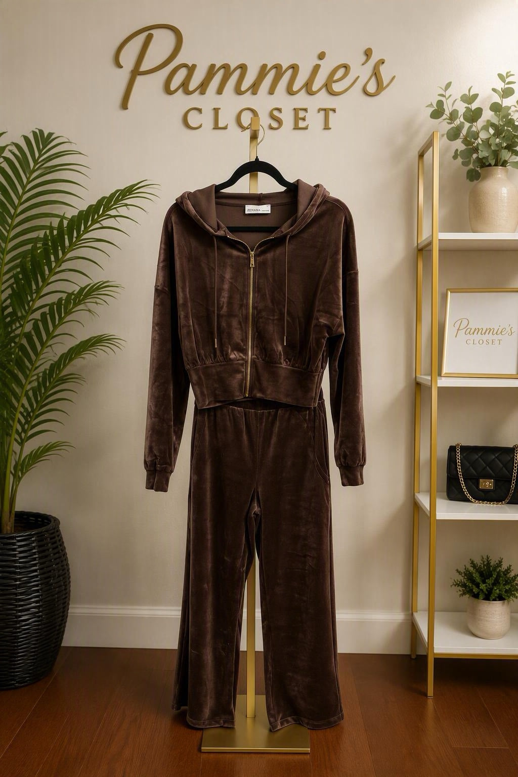 Zenana Brown Velour Hoodie & Pants Set