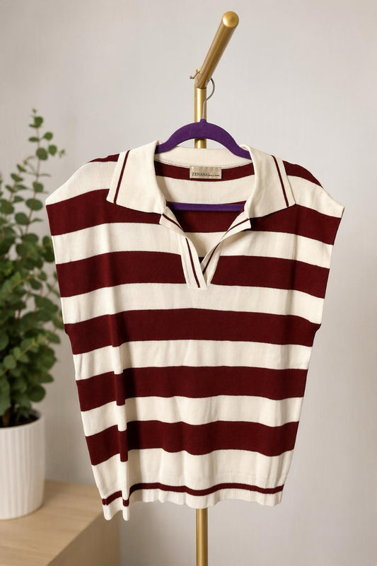 Zenana Burgundy Striped Sleeveless Polo Sweater