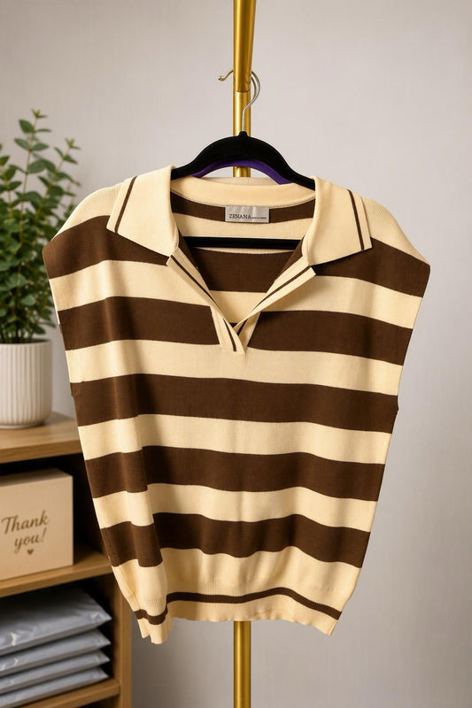 Zenana Cream & Brown Striped Sleeveless Polo Sweater