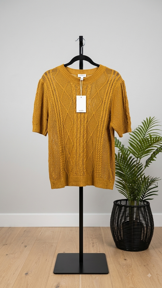 Cable Knit Short-Sleeve Sweater in Mustard - Women