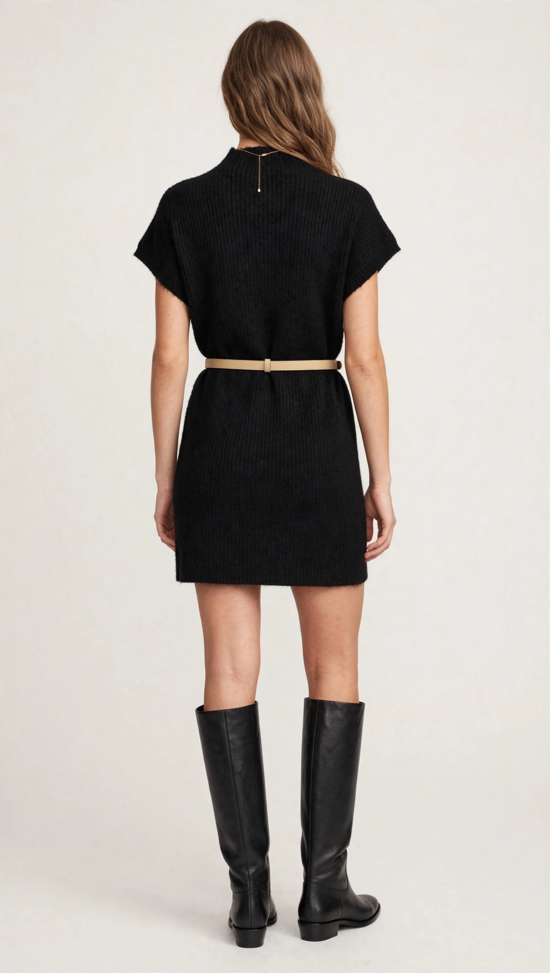 Black Ribbed Mock-Neck Sweater Dress