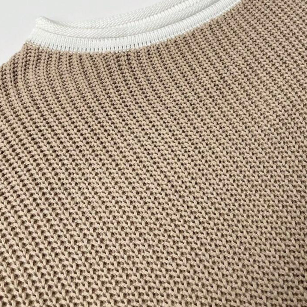 Oversized Knit Sweater Vest - Beige with White Trim - Relaxed Sleeveless Top