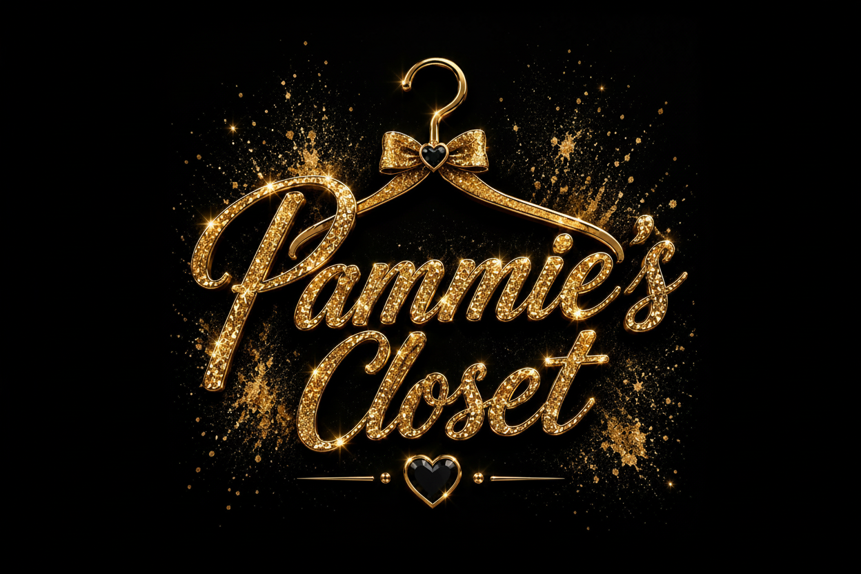 A decorative gold hanger with a bow and heart emblem above the glittery script text 'Pammie's Closet' on a black background with gold sparkles.