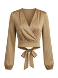 AIBLEE Satin Pinstripe Wrap Crop Top - Camel Tie-Back Blouse