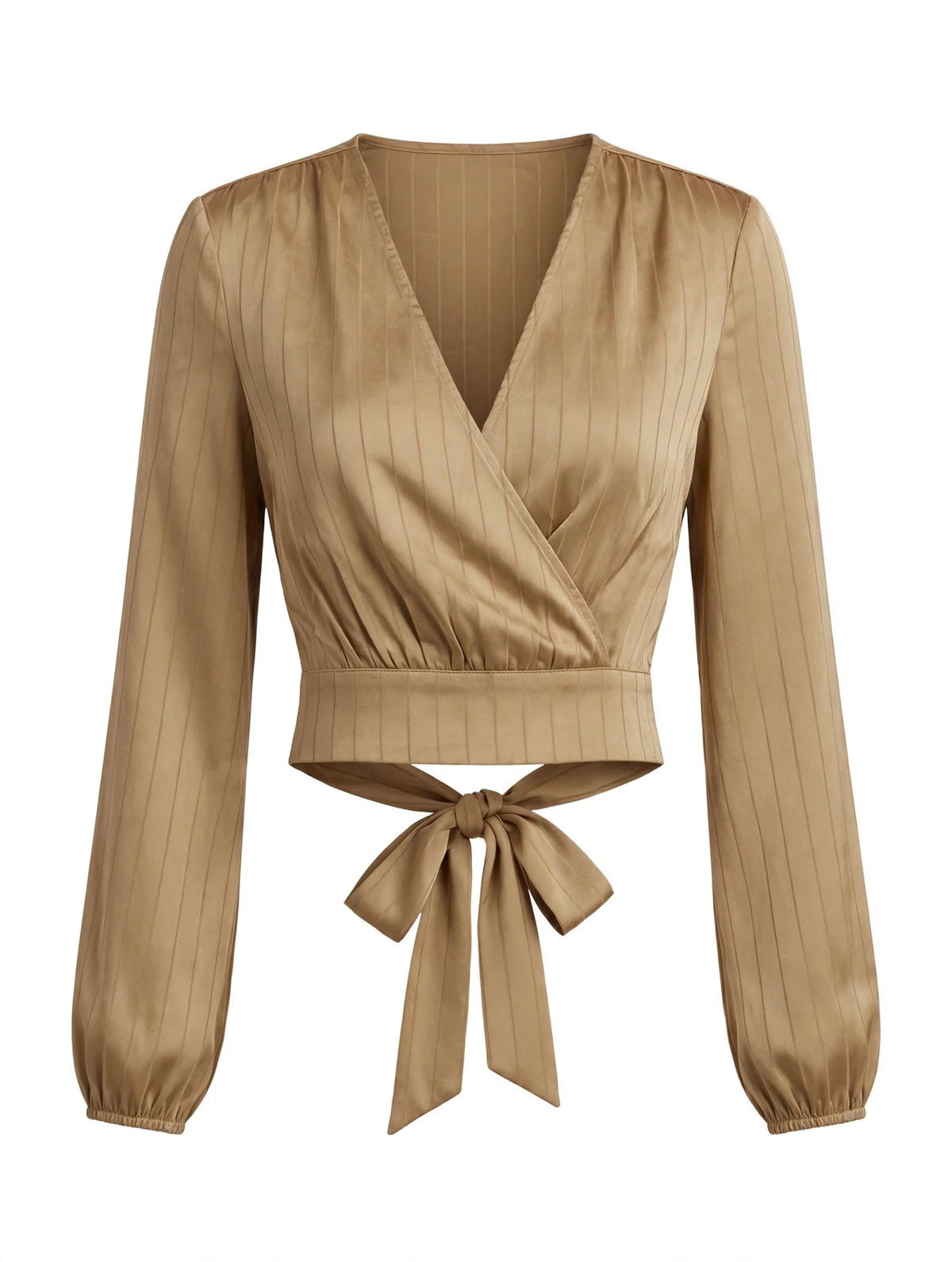 AIBLEE Satin Pinstripe Wrap Crop Top - Camel Tie-Back Blouse