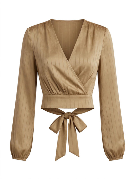 AIBLEE Satin Pinstripe Wrap Crop Top - Camel Tie-Back Blouse