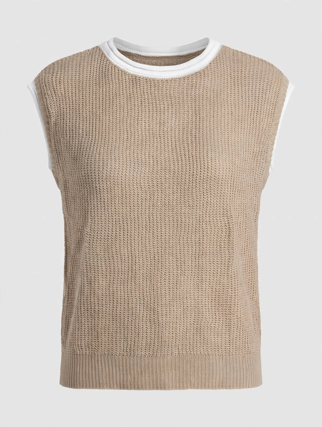 Oversized Knit Sweater Vest - Beige with White Trim - Relaxed Sleeveless Top