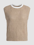 Oversized Knit Sweater Vest - Beige with White Trim - Relaxed Sleeveless Top