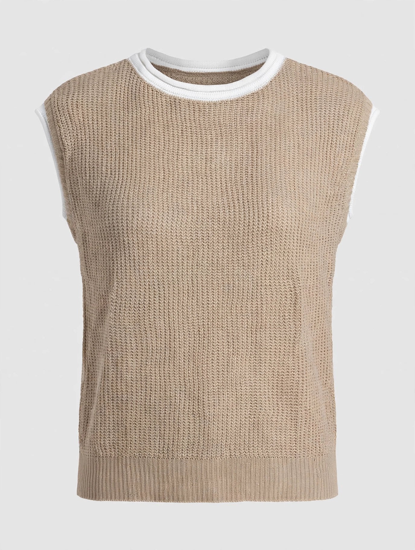 Oversized Knit Sweater Vest - Beige with White Trim - Relaxed Sleeveless Top