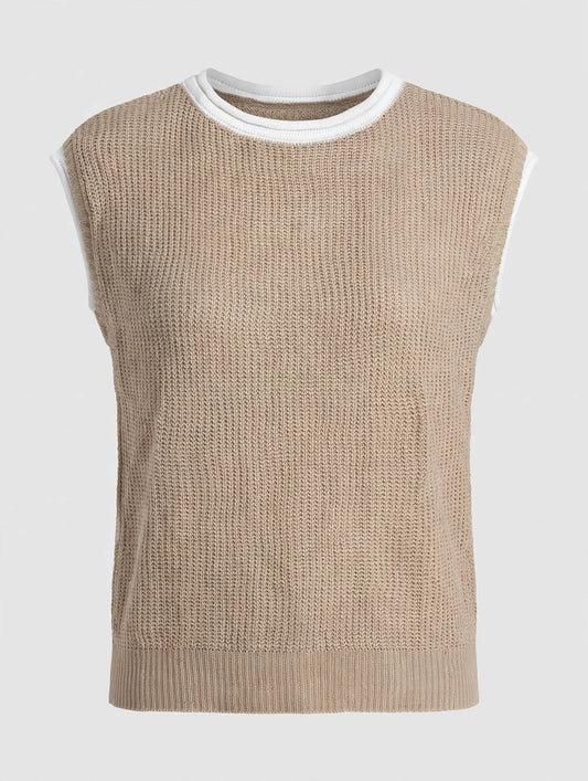 Oversized Knit Sweater Vest - Beige with White Trim - Relaxed Sleeveless Top