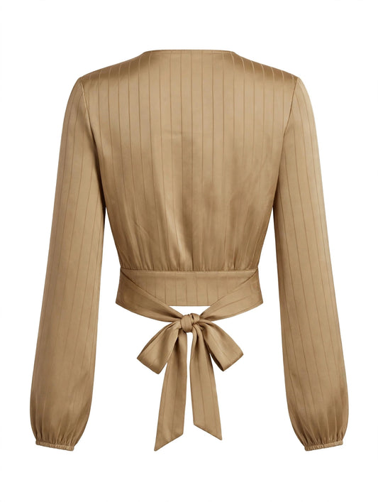 AIBLEE Satin Pinstripe Wrap Crop Top - Camel Tie-Back Blouse