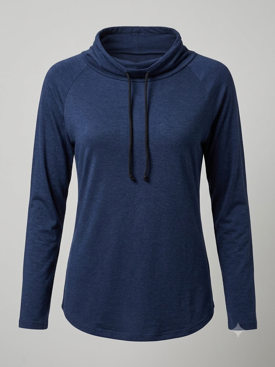 Navy Cowl-Neck Drawstring Top