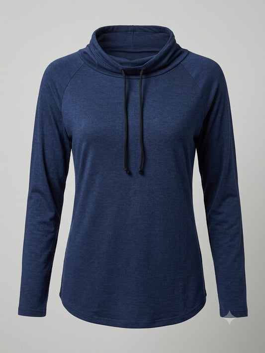 Navy Cowl-Neck Drawstring Top