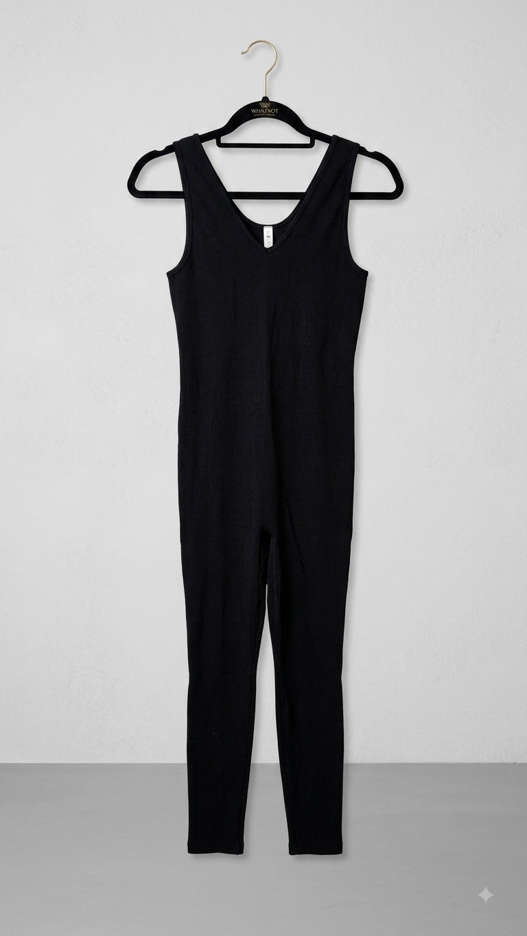 Black Ribbed Sleeveless Jumpsuit