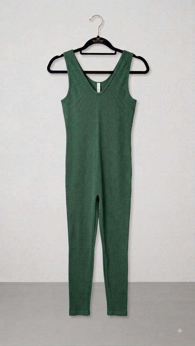 Green Ribbed Sleeveless Jumpsuit