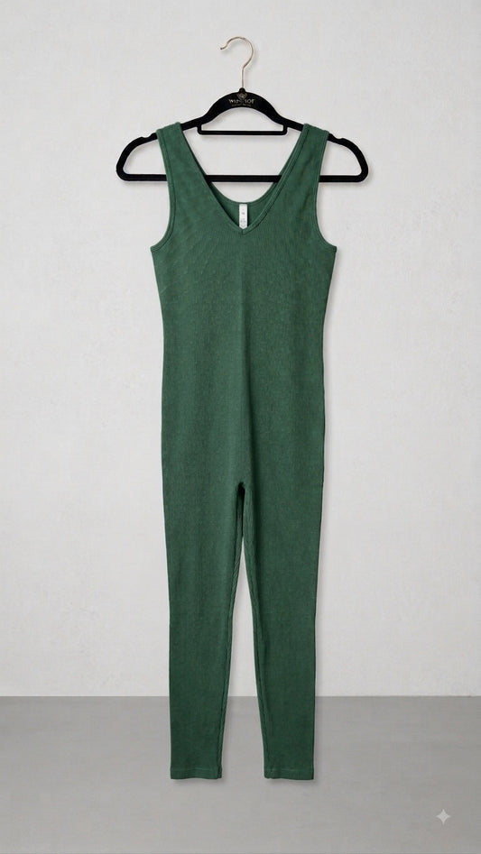 Green Ribbed Sleeveless Jumpsuit