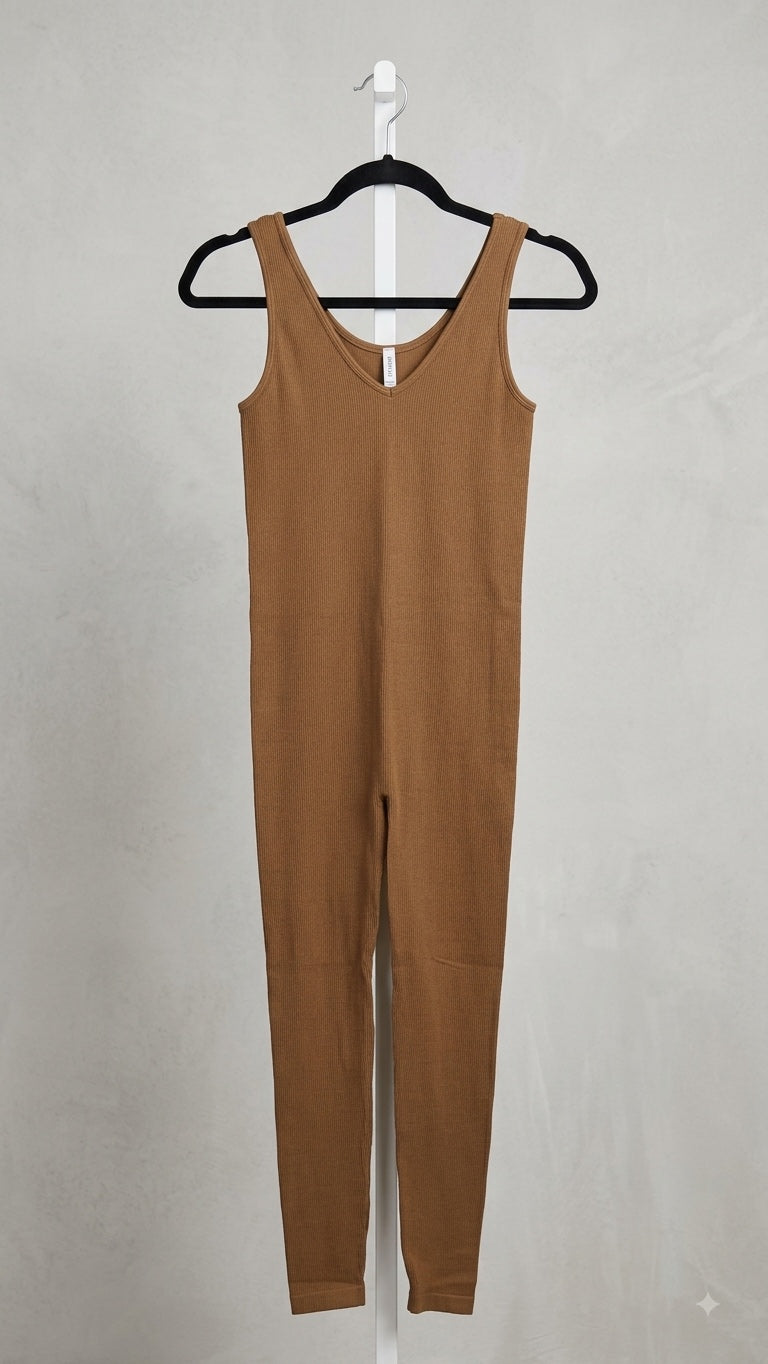Camel Ribbed Sleeveless Jumpsuit