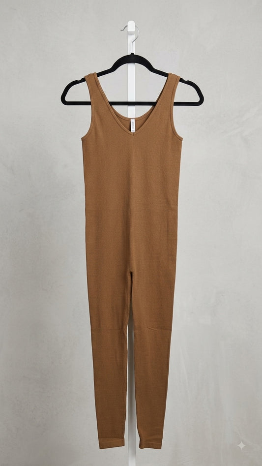 Camel Ribbed Sleeveless Jumpsuit
