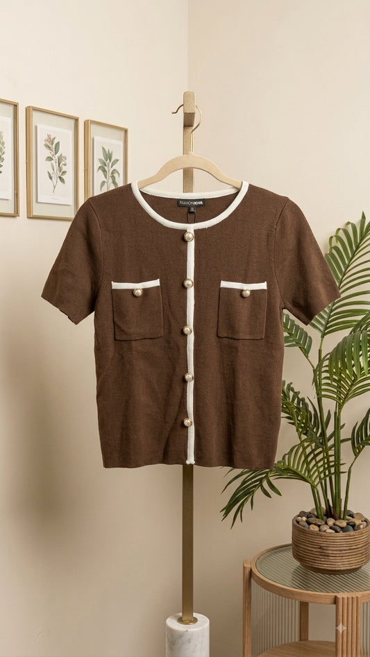 Brown Pearl-Button Cardigan Sweater